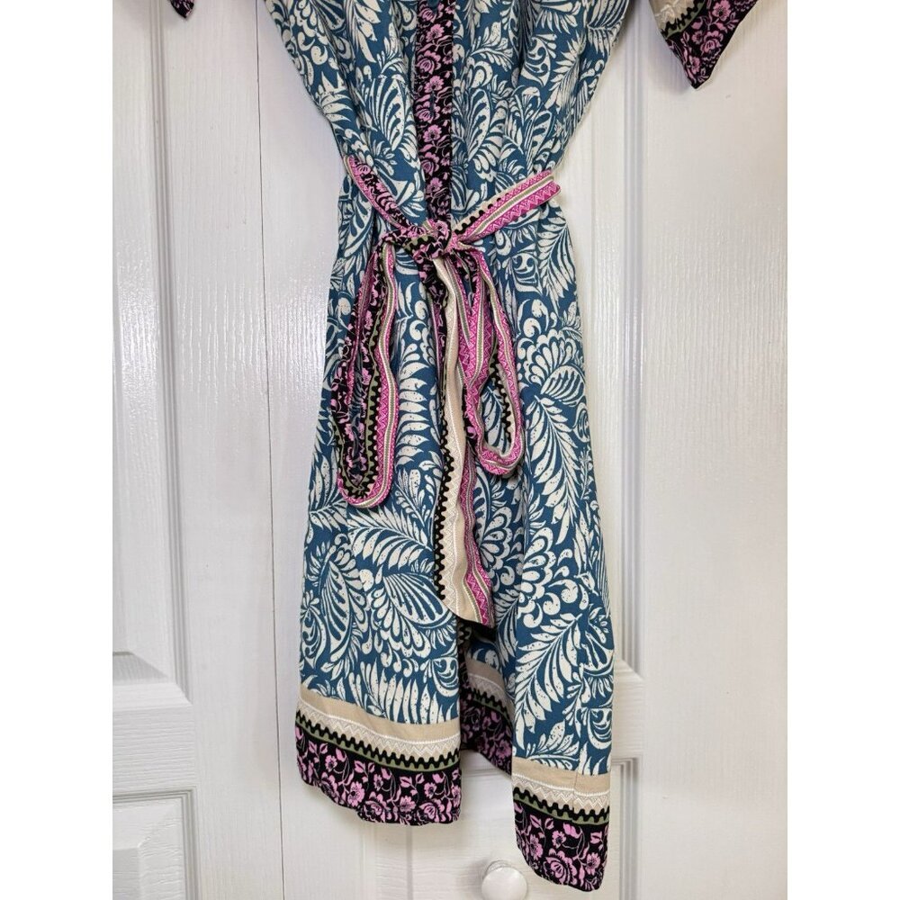 LOFT Printed Shirt Dress Belted Teal Pink Floral Boho Short Sleeve Size 8 - Picture 4 of 13
